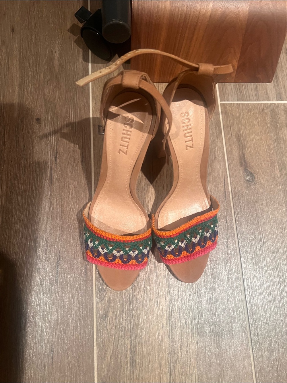 SCHUTZ Tan Leather Heels with Multicolor Crochet Straps